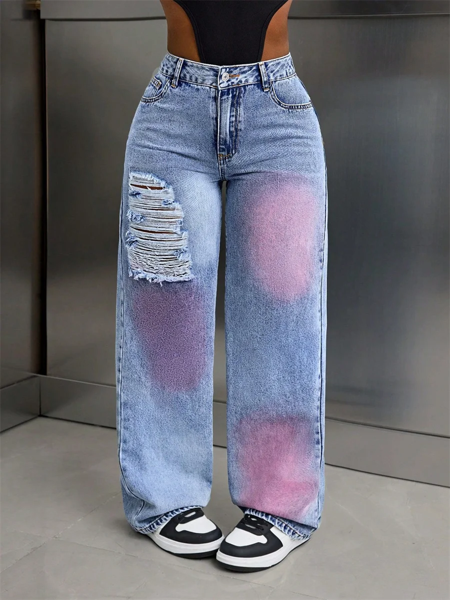 Benuynffy American Retro Paint Splash Baggy Jeans Women's Y2k Streetwear Mid Waisted Harajuku Casual Ripped Wide Leg Pants