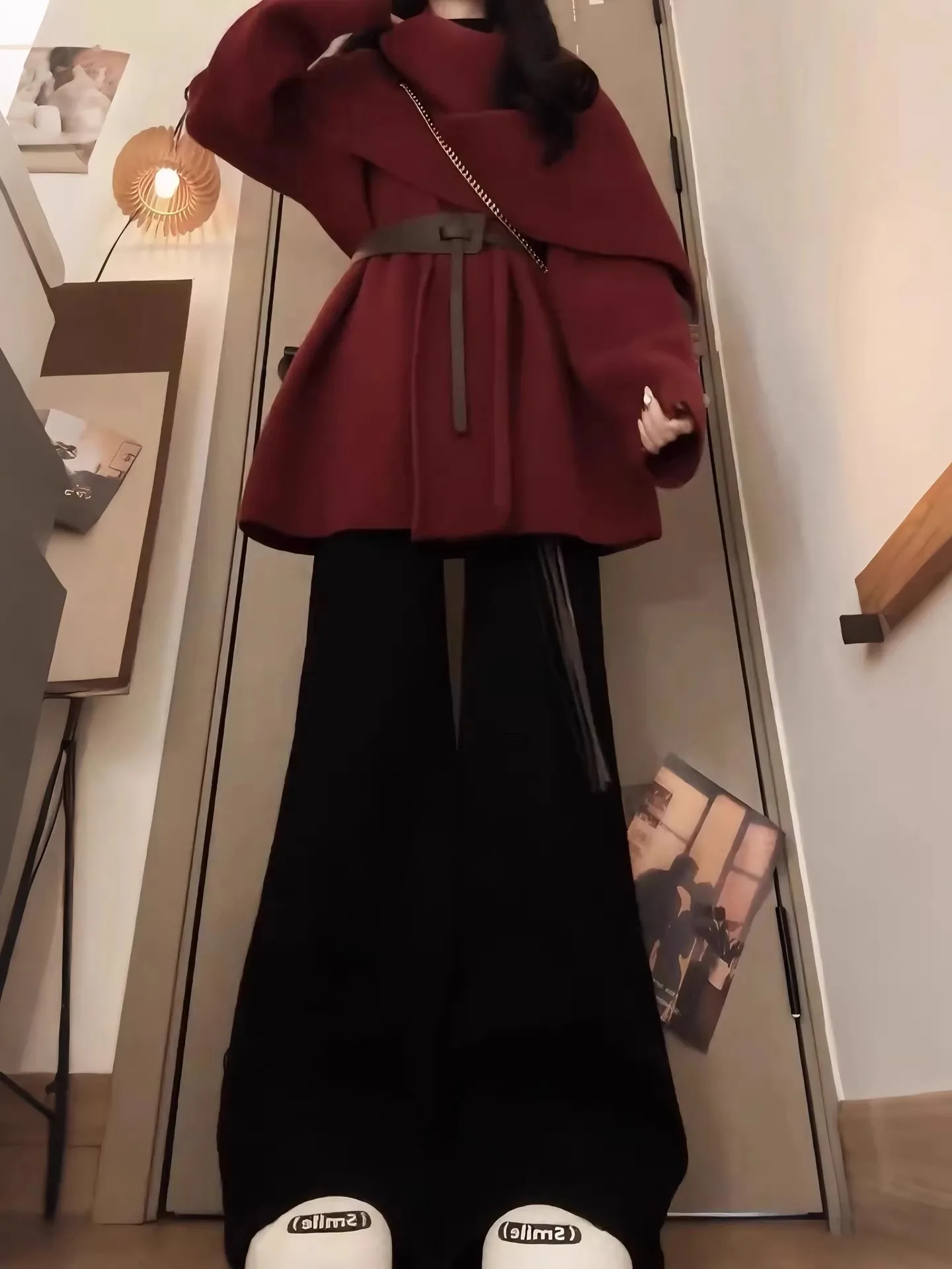 

Red Cisas Sle Women's Outfit plus Size Coat And Flared Pants Two Piece Set Faionable Trendy Slimming Outerwear