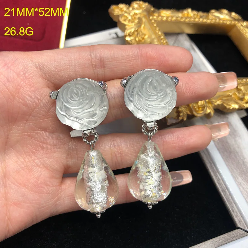 

Stud Drop Earrings For Women 925 Silver Needle Transparent Glass Pendant Rose Flower Fashion Accessories Party Jewelry