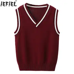 Kids Boys Girls Preppy Style Sweater Vest Fashion V Neck Knitted School Uniform Waistcoat Tops Children Spring Autumn Outerwear