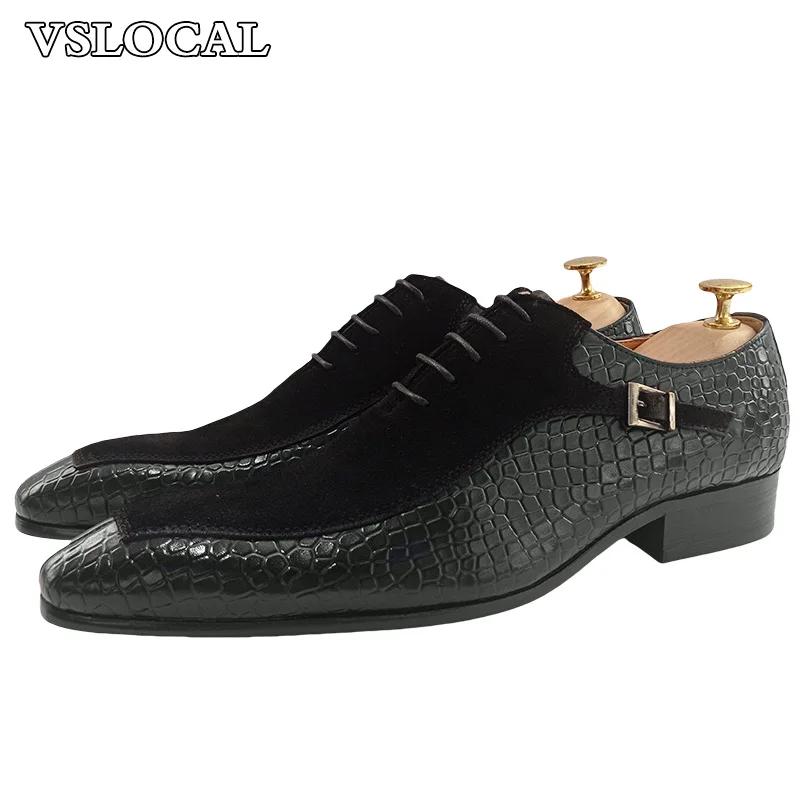 Luxury Men Oxford Shoes Lace up Split Toe Black Coffee Mens Dress Shoe Suede Patchwork Crocodile print Leather Shoes Men