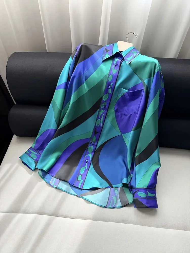 Spring Autumn Fashion Geometric Print Thin Style Silk Blouses Women's Turn-down Collar Casual Single Breasted Shirt