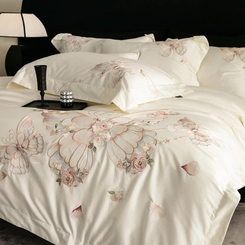 Luxury Butterfly Flower Embroidery Egyptian Cotton Bedding Set, Duvet Cover, Linen Fitted Sheet, Pillowcases, Home Textile