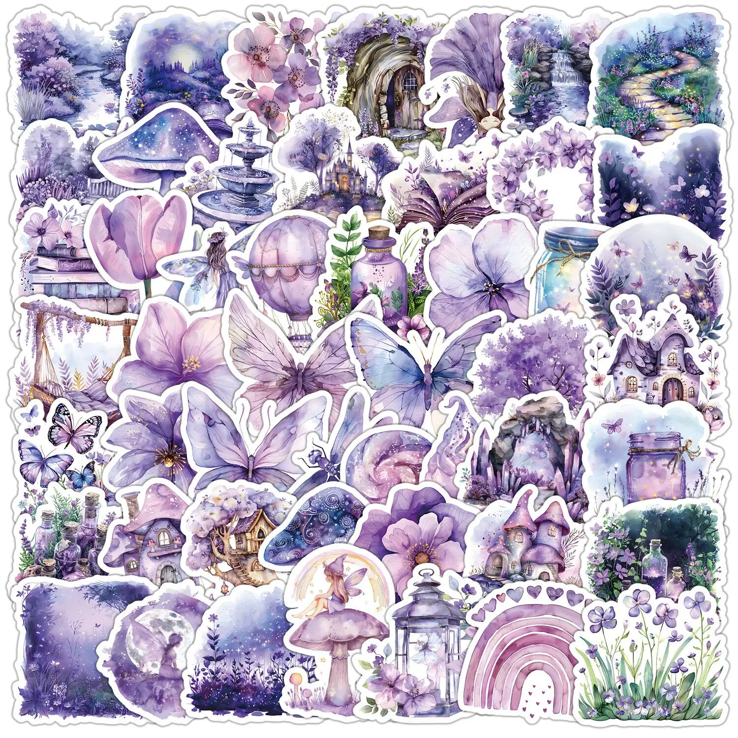 10/50pcs Ins Style Purple Magic Flowers World Cartoon Stickers Aesthetic Cute Decals DIY Laptop Phone Car Decoration Sticker