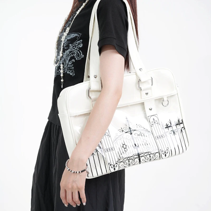 Gothic Ita Bag mit transparentem PVC-Fenster, Damen-Umhängetasche mit Eisentor-Design-Print, Vintage-Handtasche, schwarze Tragetasche – Detail 11