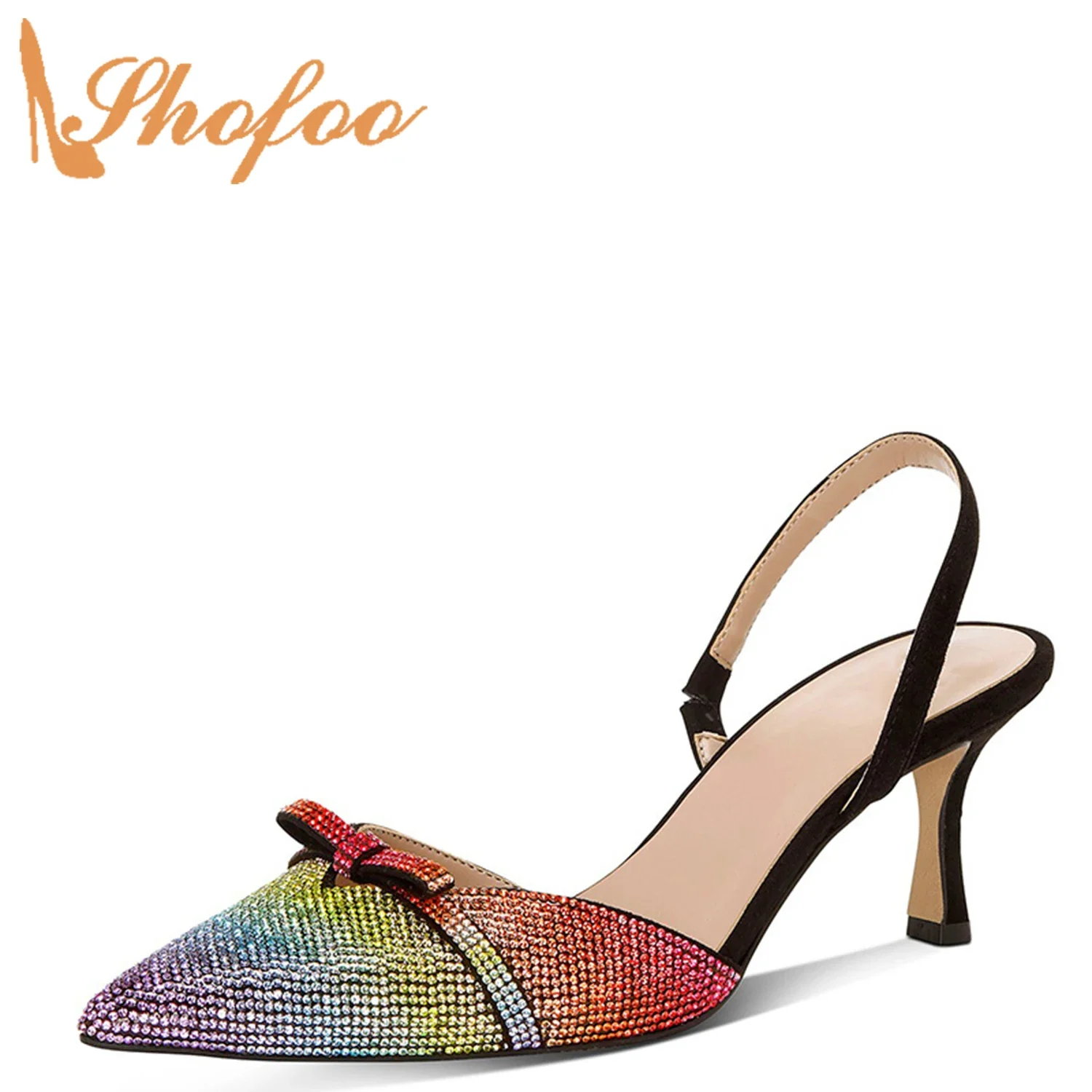 

Rainbow Crystal High Kitten Heels Stilettos Bow Knot Sandals Woman Pointed Toe Elastic Big Size 11 15 Ladies Party Shoes Shofoo