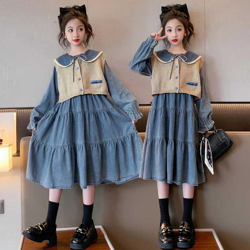 Children's Girls' Clothing Spring and Autumn Denim Outfit Dress Stylish Princess Dress for Girls Autumn Trend8Years Old9