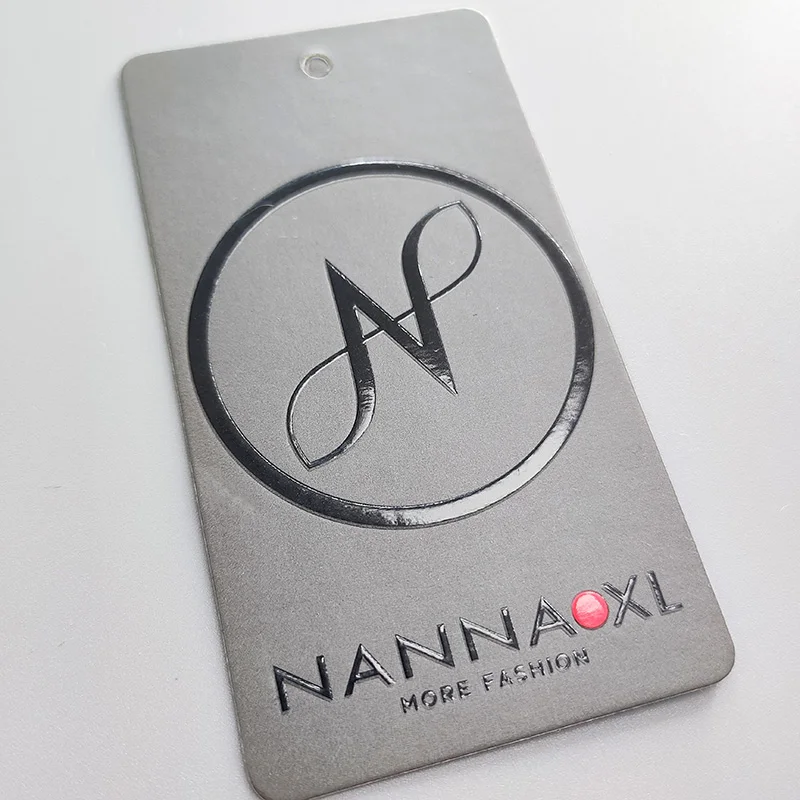 Branded Custom Swing Tag Grey Full Printing Embossed Engraved Spot UV logo Hang Tag for Clothing Garment Rectangle Swing Ticket