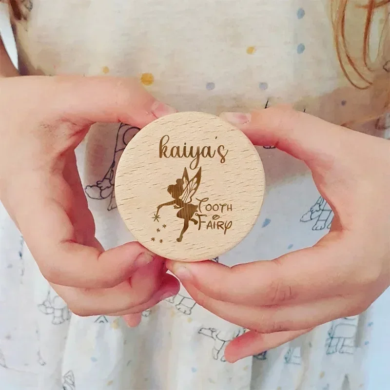 Personalized Tooth Fairy Box Round Wooden Tooth Fairy Holder Birthday Gift for Girls & Boys Custom Name Milk Tooth Box Hair Box