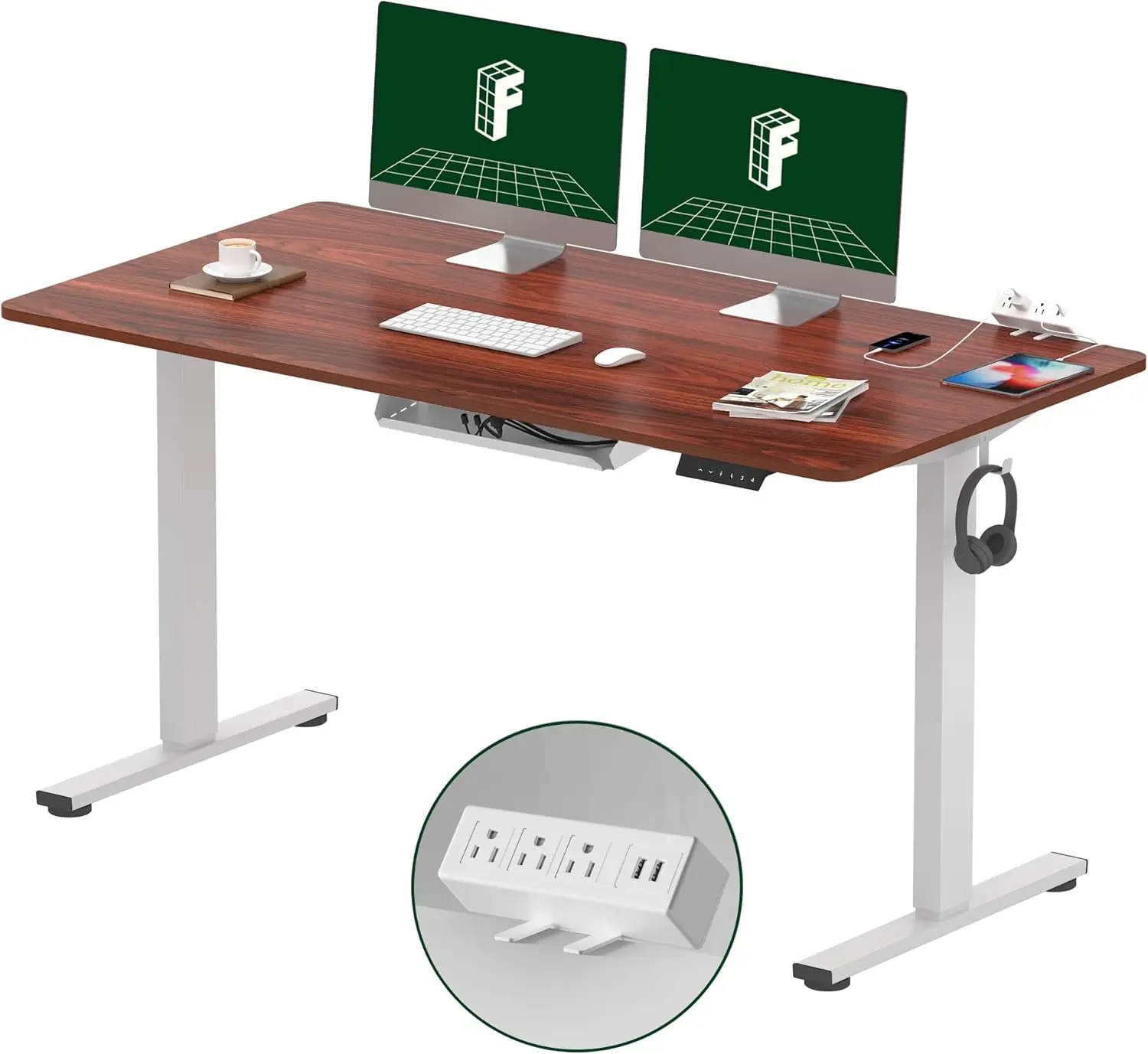 Integral standing table with clip on power board, 55 x 28 height adjustable (white frame+55 inch peach wood, 2-piece set)