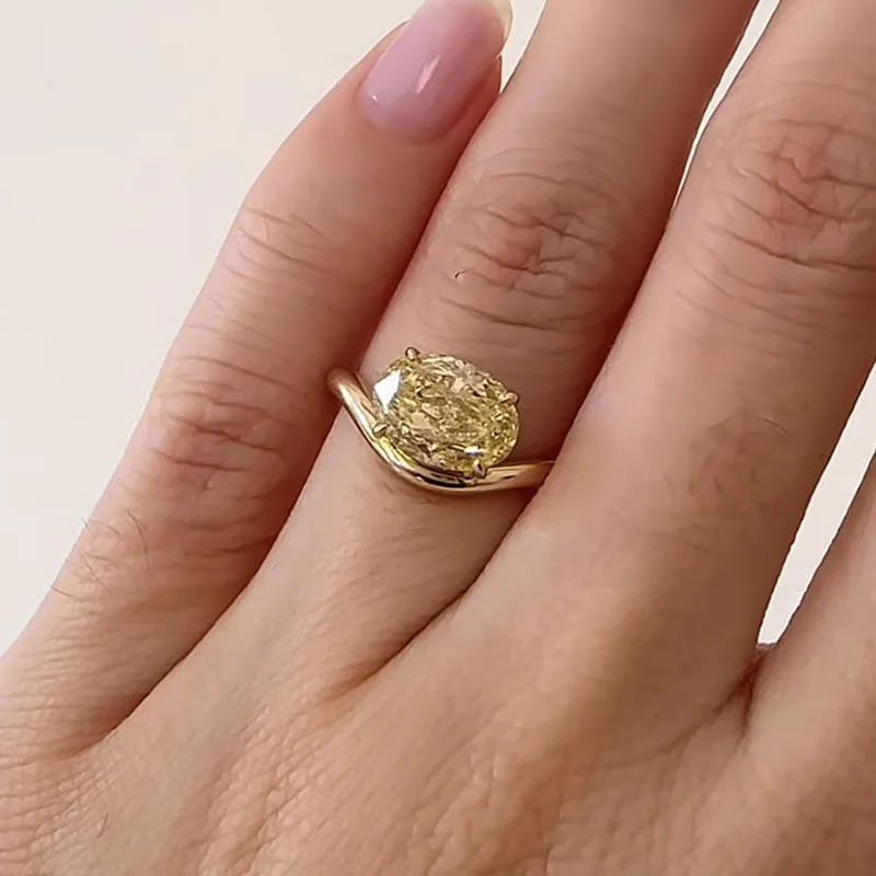 Anillo Único de Oro 14K/10K o Plata Blanca 925 con Diamante Solitario Cultivado en Laboratorio HPHT y CVD de 1.00ct, Corte Ovalado, Amarillo VS-VVS, para Compromiso