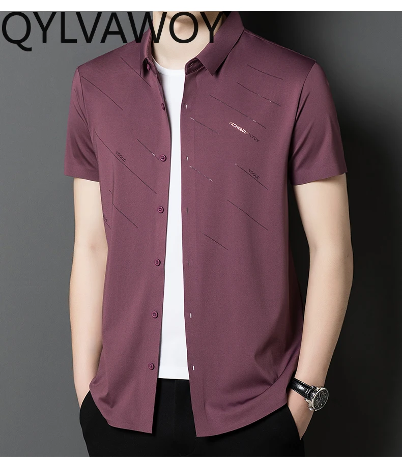 QYLVAWOY 100% Mulberry Silk Shirt for Men 2024 Loose Fit Short Sleeve Tops Business Casual Mens Shirts Summer Clothes Print