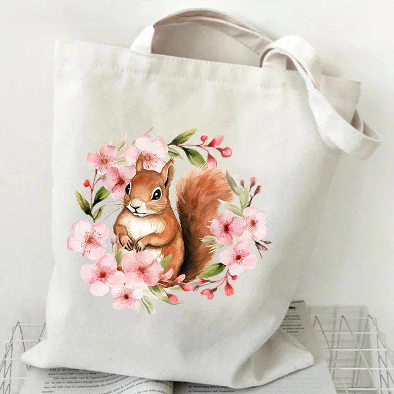 Cute Cherry Blossom Squirrel Print Women Men Shoulder Bags Teenager Cartoon Animal Fashion Trend Travel Beach Bag Female Handbag