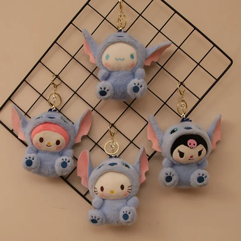 Sanrio Hello Kitty Cos Stitch Plush Keychain Cute Transformation Stitch Pendant Kulomi Plush Doll Bag Hanging Keychain