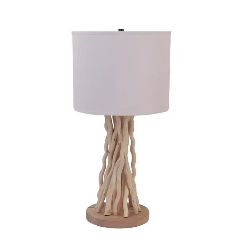 Hotel Decorative Natural Wooden Bedside Lamp E27 Driftwood Fabric Shade Wood Table Lamp for Home Restaurant Decor