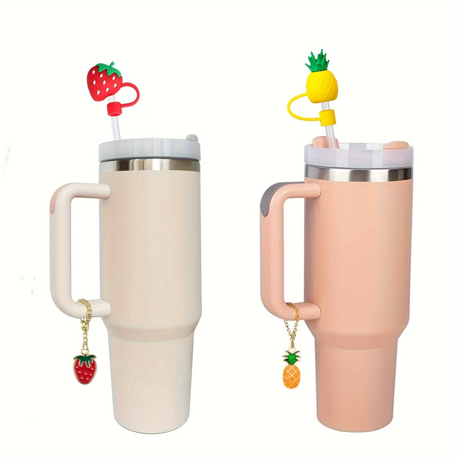 2set Silicone Fruit Straw Cover Cap With Chain Charm Strawberry Pineapple For Stanley Tumblers With Handle 8mm Drinking Straw