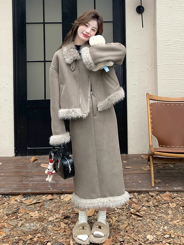 MiiiiX Fashion Winter Suits Casual Fleece Splicing Thicken Suede Jacket Coat Warm Long A-line Skirt Gray Women's Two Piece Set