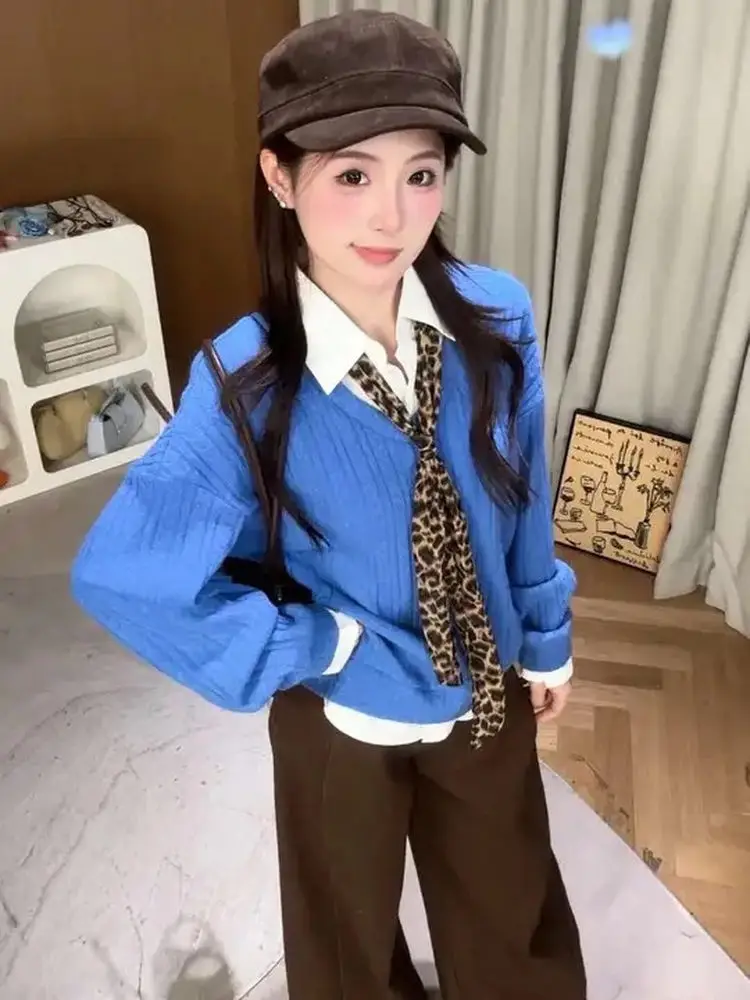 

Осенне-зимний синий вязаный свитер с длинными рукавами для женщин, с воротником, в стиле пэчворк, с цветными блоками, в университетском стиле, вязаный топ