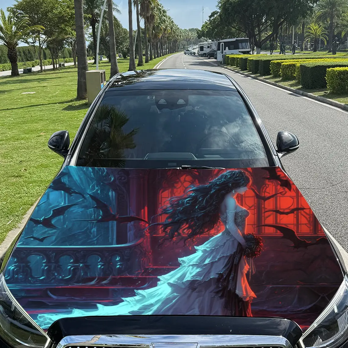 Fantasy Castle Bride Car Vinyl Wrap, PVC Material Waterproof Car Hood Sticker, Self-Adhesive Scratch-Resistant Stickers for Engi