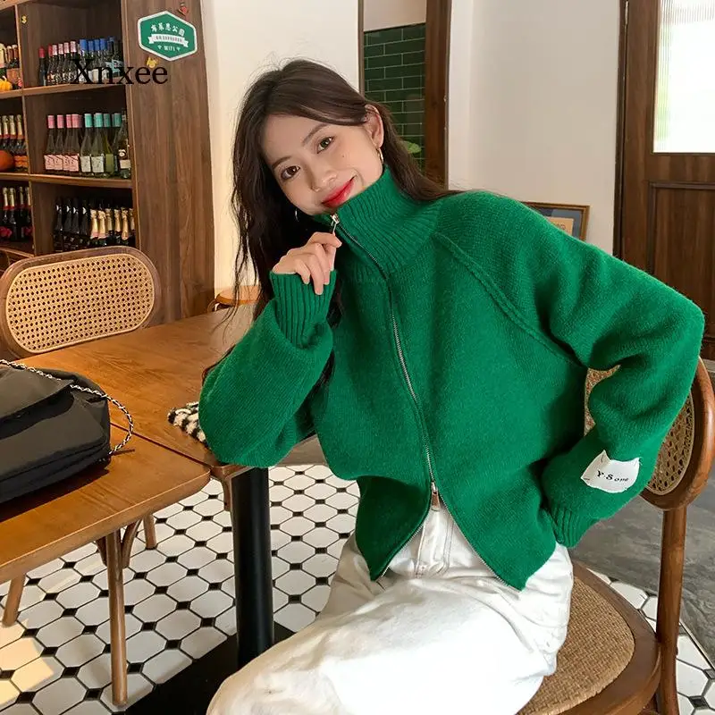 Sweater Cardigan Woman Knitted Tops Turtleneck Two-Way Zipper Loose Elastic Wild Casual Style 2022 New Spring Fashion Sweaters