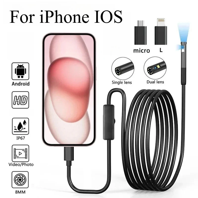 

8mm Endoscope Camera Automotive Boroscope Inspection Device Camera For Apple Iphone IOS Smart Phone Android Type C Cars Mobile