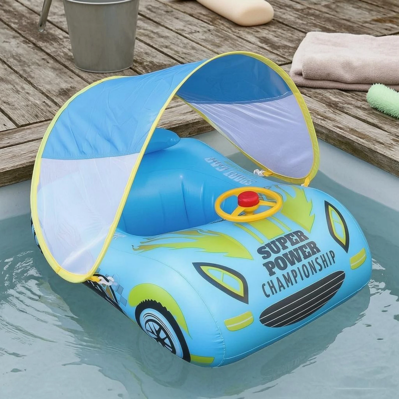 Inflatable Car Boat Blue and Yellow Car-Shaped Swim Float Canopy Swim Float Easy to Inflate Canopy Buoyant Seat for Children