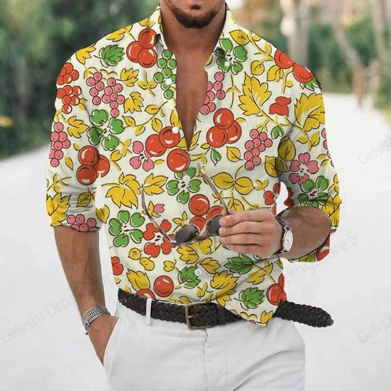 Camisa havaiana floral de manga longa masculina, blusa casual de botões, roupas masculinas, moda de rua feminina, presente