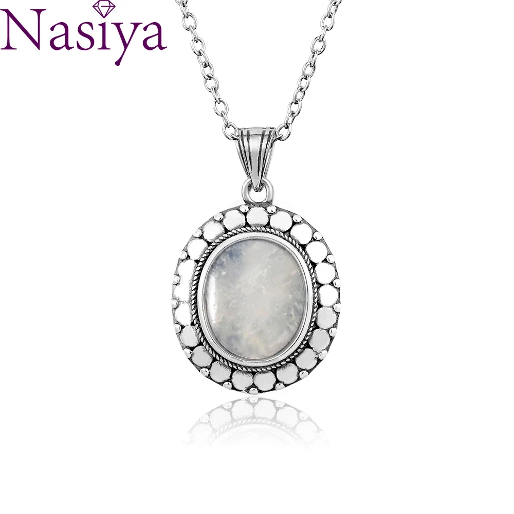 

S925 Silver Pendant Necklace Large Oval 10*12 Moonstone Vintage Texture Necklace Engagement Party Gift Women