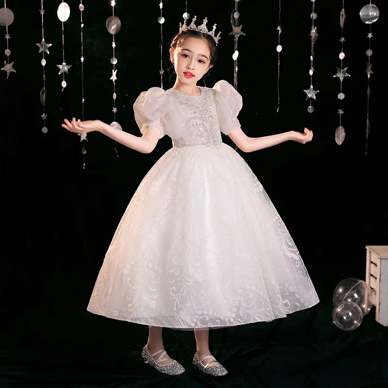 

Белое пышное тюлевое детское платье принцессы на день рождения с цветочным узором, элитный костюм для выступлений на фортепиано для девочек