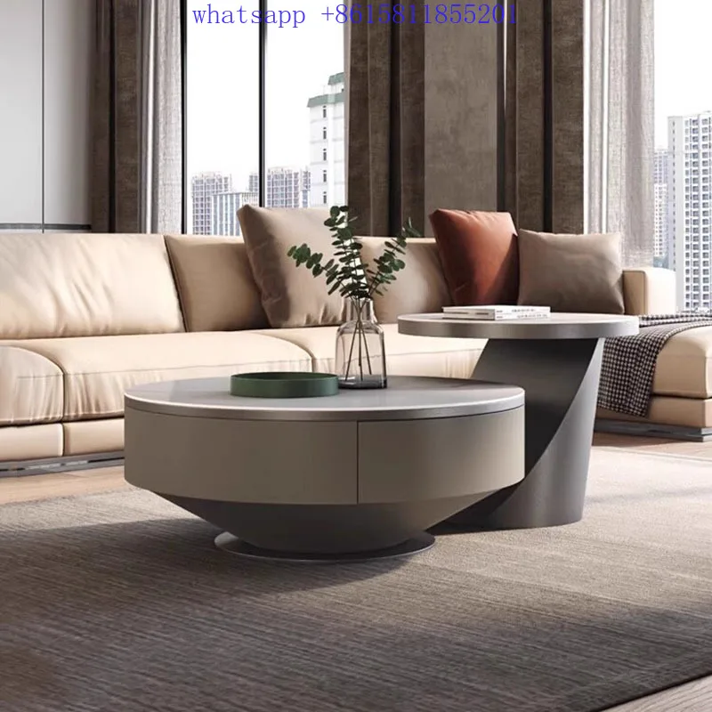 Italian very simple rock panel coffee table, stainless steel titanium bottom frame, solid wood drawer, lacquered cabinet