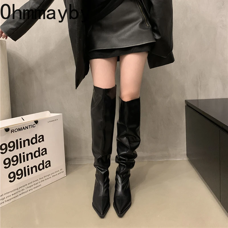 Stretch Soft Leather Women Over the Knee High Boots Fashion Pointed Toe Shoes Autumn Winter Thick Heel Ladies Long Booties