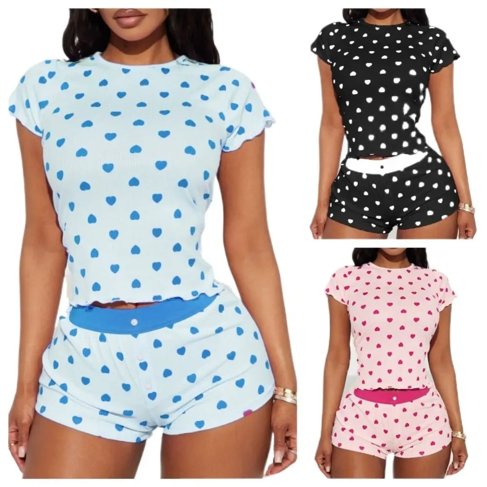 

Удобный комплект пижамы с коротким рукавом: тонкая майка с сердечками, шорты, ночная рубашка, домашняя одежда из двух предметов, ночное белье для дома