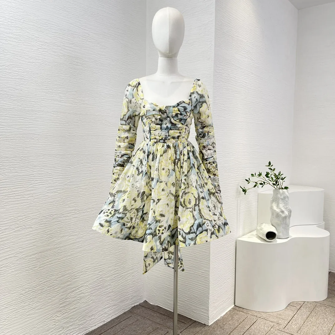 

Vintage 2024 New Arrivial Spring Summer High Quality Multicolor Yellow Floral Print Long Sleeve Backless Pleat Mini Dress