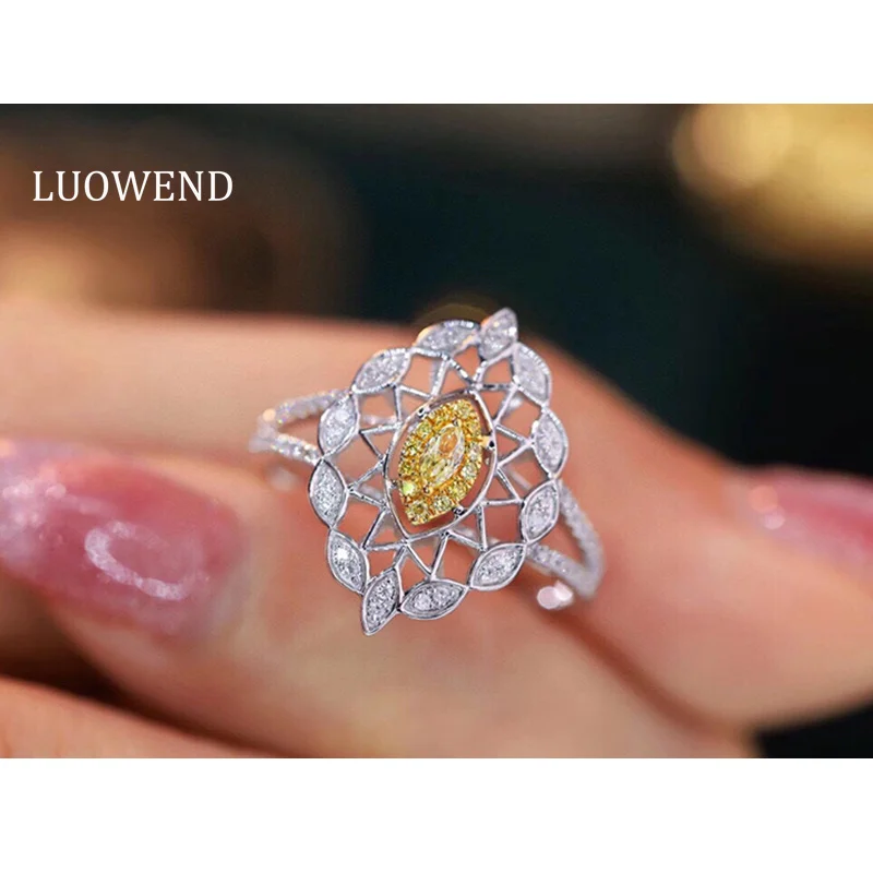 

LUOWEND 18K White Gold Rings Vintage Palace Style Real Natural Yellow Diamond Engagement Ring for Women High Wedding Jewelry