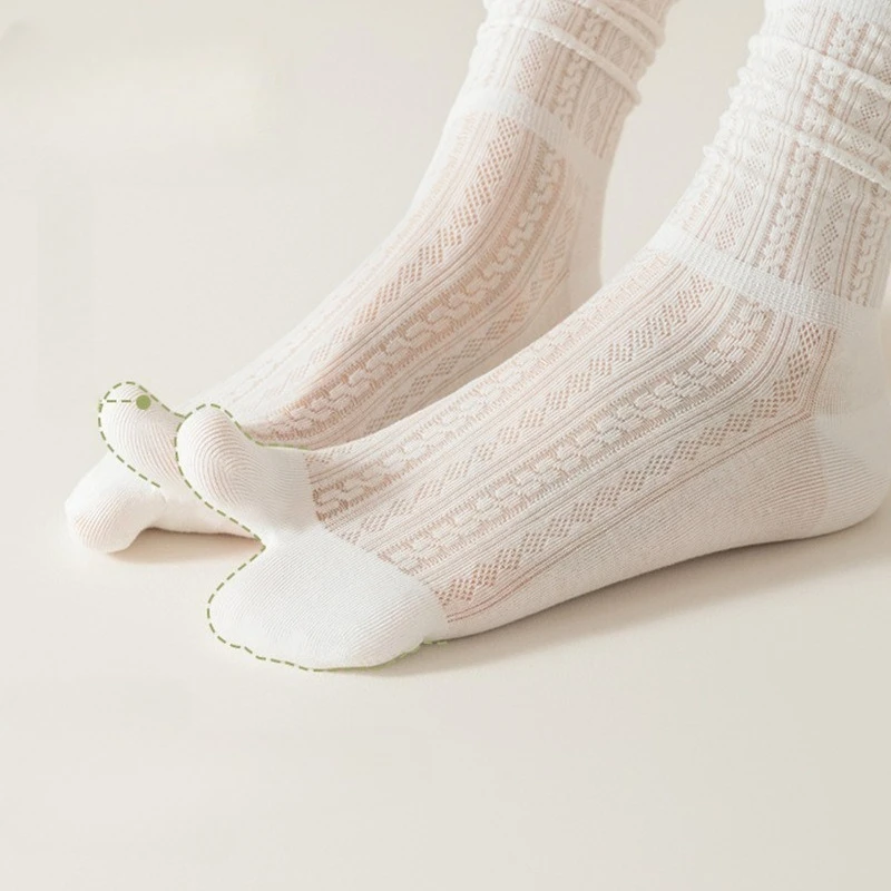5 pares de calcetines con punta abierta de algodón para mujer, calcetines de algodón blancos sin hueso de malla de verano, calcetines transpirables de dos dedos de encaje Tabi para chica