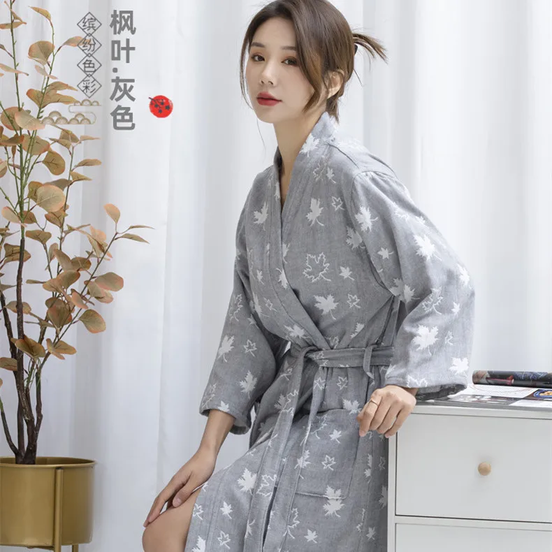 

Cotton Bathrobe for Women's Sleepwear Thin Design Bathrobe Spring Autumn Long Sleeve Yukata Absorbent Quick Drying Bath Robes