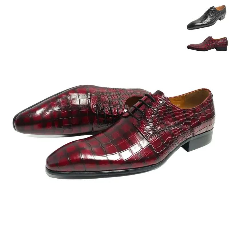 Red Printing Derby Shoes Formal for Men Luxury Lace Up Genuine Leather Dress Design Social Business Wedding Evening Party