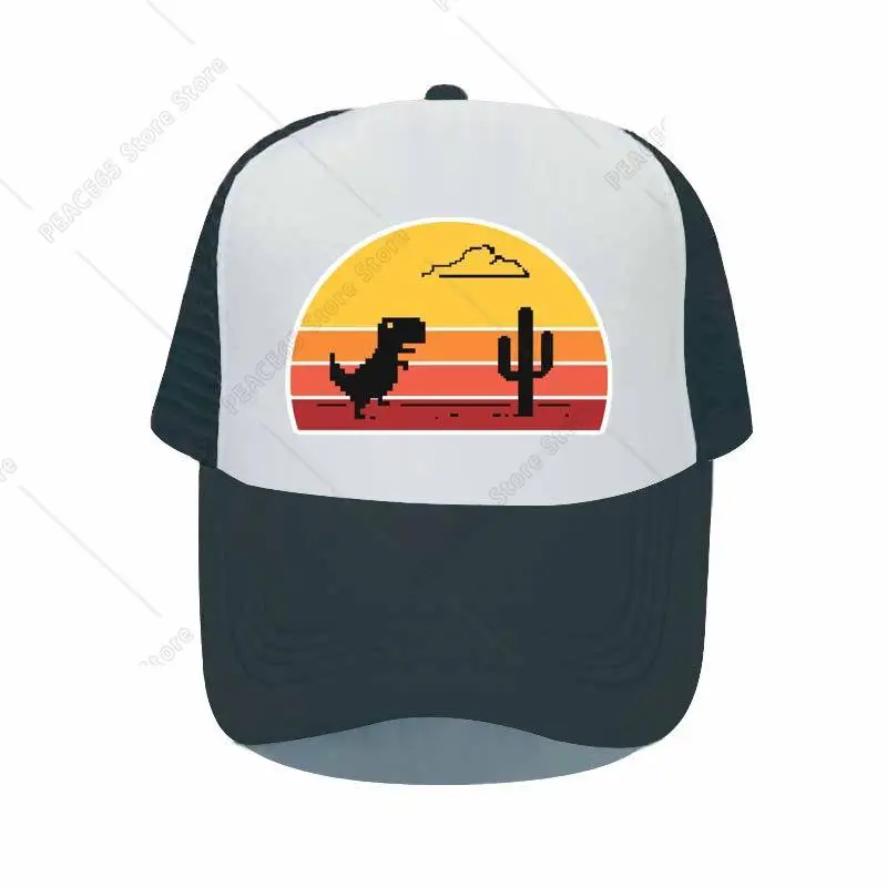 

Sunset Dinosaur Snapback Cap Chrome Disconnected Internet Dinosaur Baseball Caps Pixel Cloud Cactus Trucker Hats