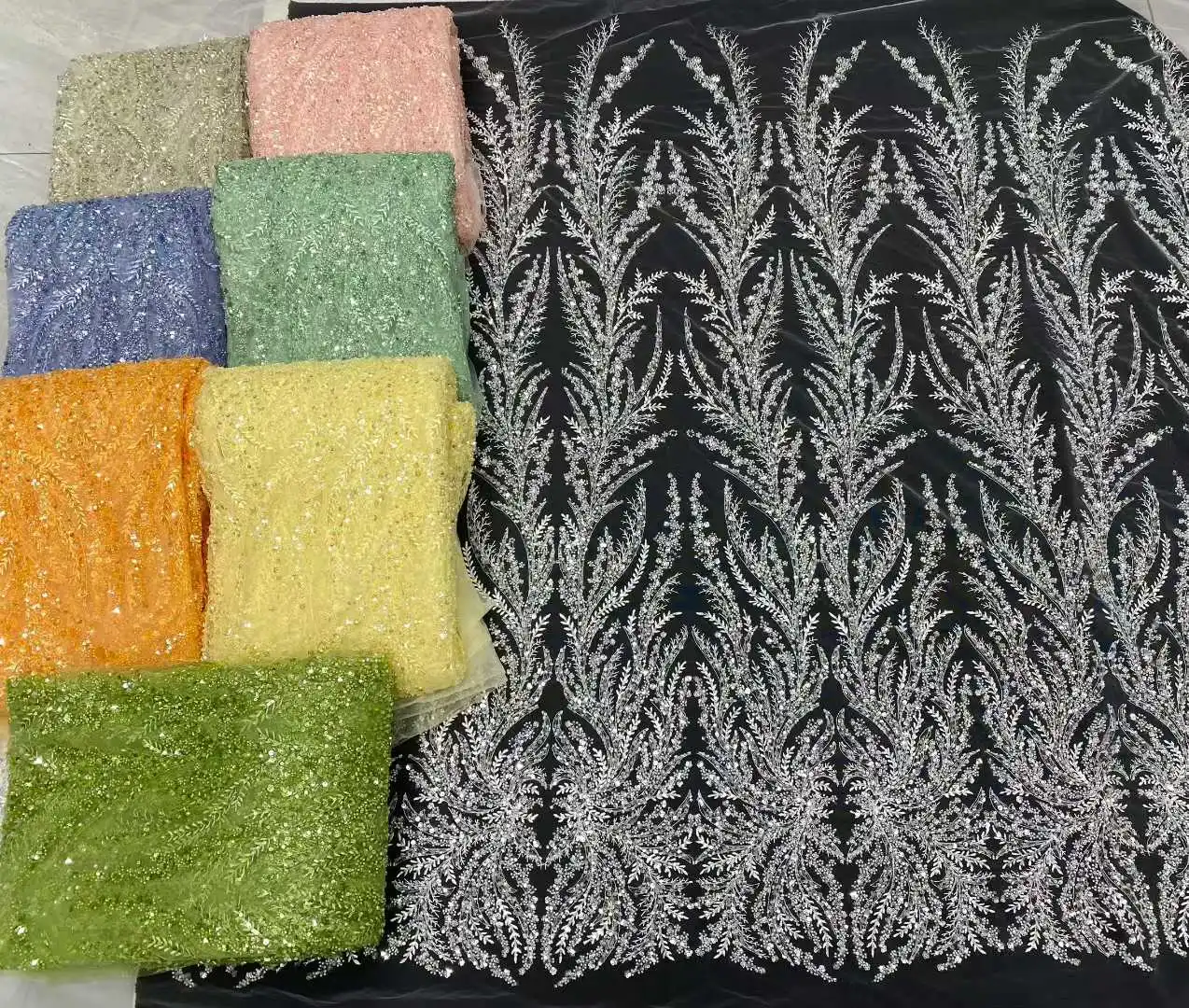 2025 tecido de renda africano de alta qualidade nigeria laranja frisado tecido de renda lantejoulas tule tecido para festa de casamento costura sz1708