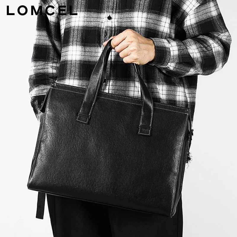 LOMCEL 6 Leather men's handbag - vegetable-tanned leather, horizontal layout, fashionable briefcase for business 16-inch