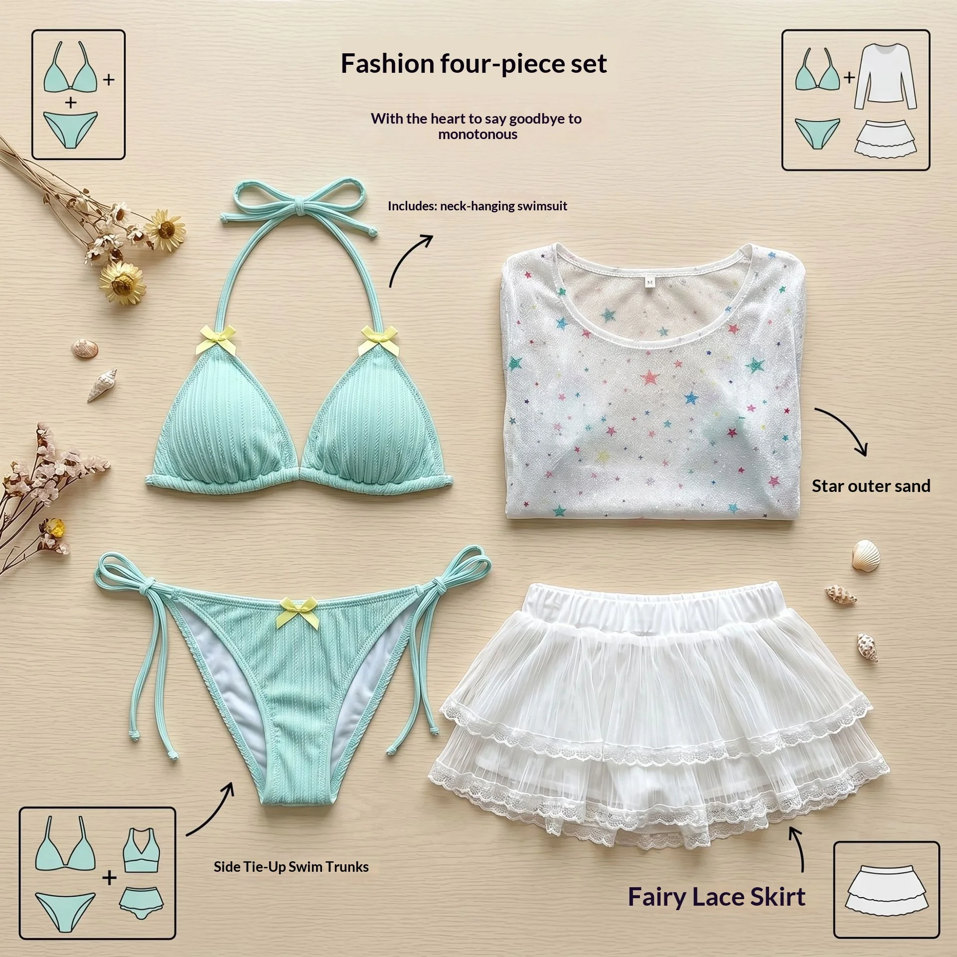 WOMEN 4-Piece Summer Swimwear Set Pastel Bikini and Tie Shorts with Sheer Star Long-Sleeve Cover-Up Dress Beachwear