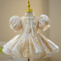 Kids Pageant Dresses for Toddler Girl Princess Wedding Birthday Party Luxury Short Evening Gown Child Embroidery Champagne Dress