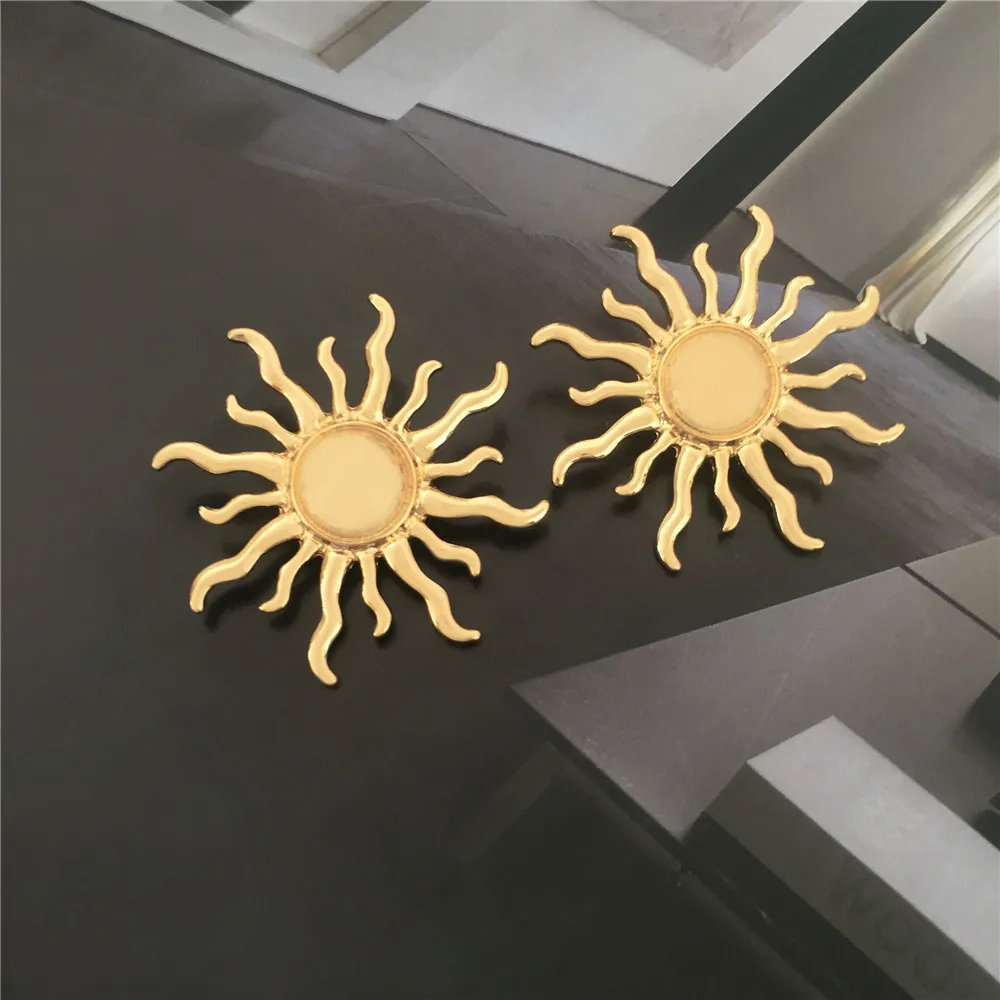 Statement Metal Sun Stud Earrings Stainless Steel Golden Texture Fashion Chic Jewelry