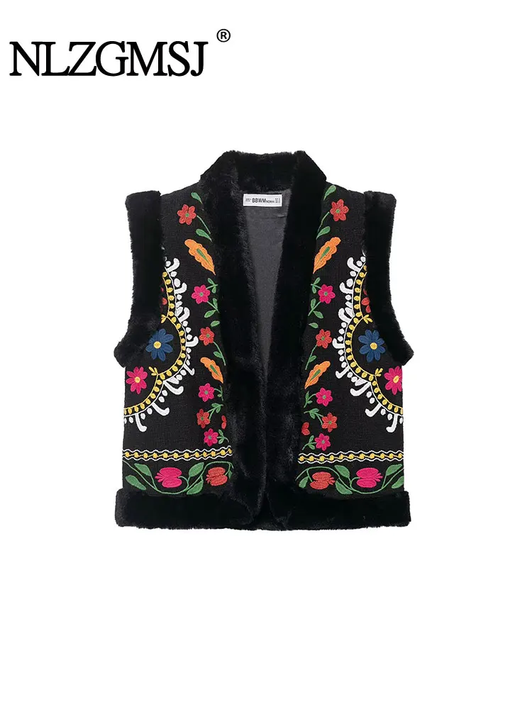 

NLZGMSJ Vintage Embroidery Patchwork Faux Fur Women Waistcoat 2025 Autumn V Neck Open Front Sleeveless Loose Jacket Vest Y2K
