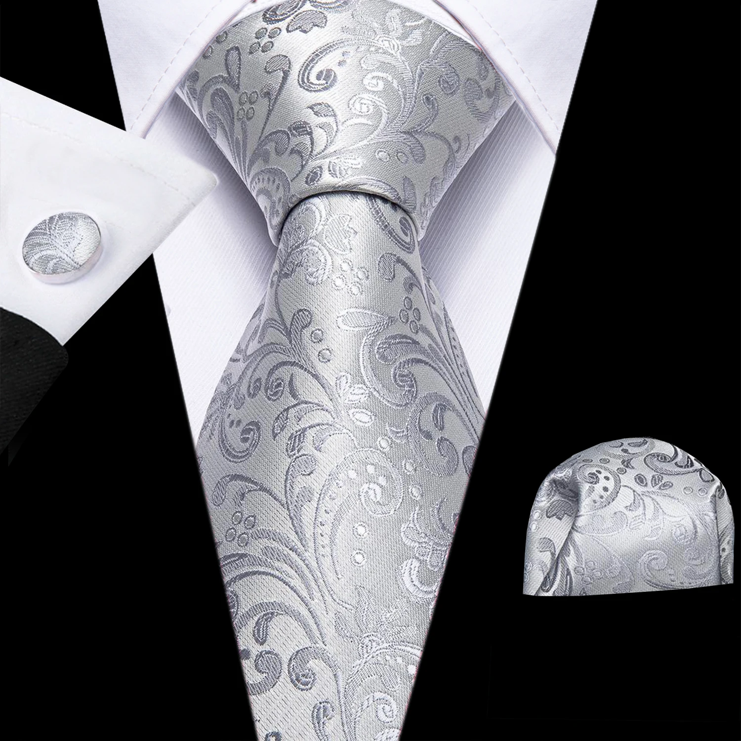 

Серебристый мужской галстук с цветочным принтом, носовой платок, запонки, комплект, жаккардовый галстук для мужчин, мужские свадебные деловые галстуки, формальный подарок для папы, мужа