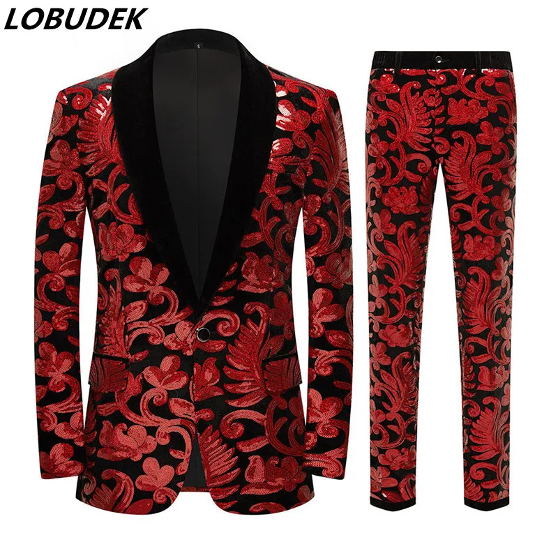 Evening Party Male Singer Host Stage Shiny Suit Red Sequins Velvet Blazers Pants 2 Piece Set Wedding Formal Slim Banquet Outfits