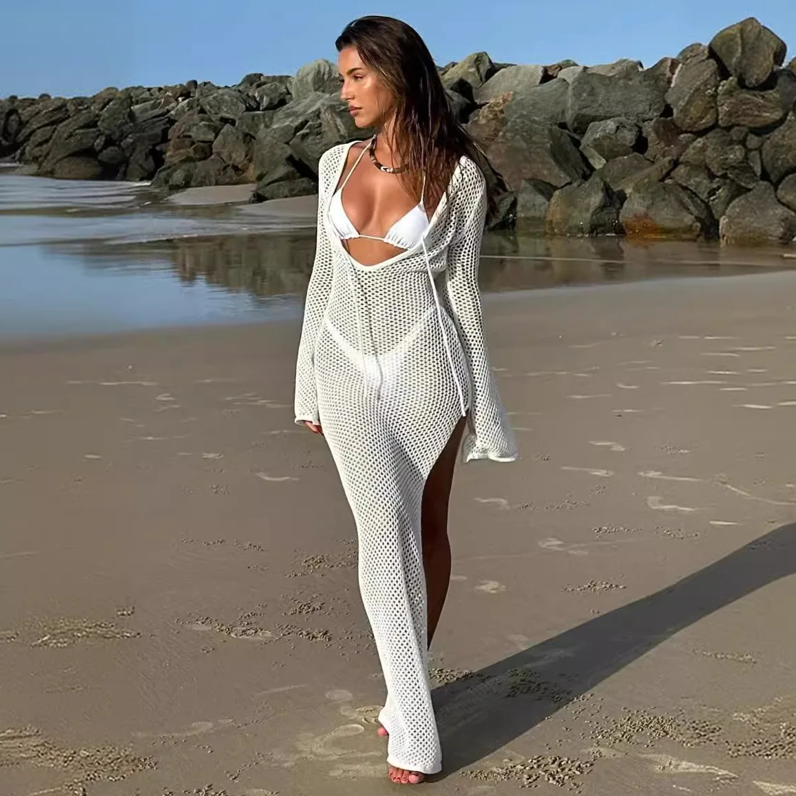 Schwimmen für Strand ausflug Bikini Tunika Sommer Sonnencreme Kleid sexy gestrickte hohle Perspektive Meer Urlaub lange Frauen