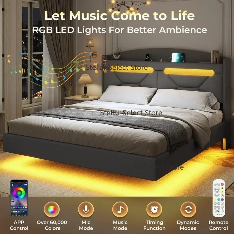 q Floating Bed Frame King Size with USB-C/A Charging Station, LED Bed Frame