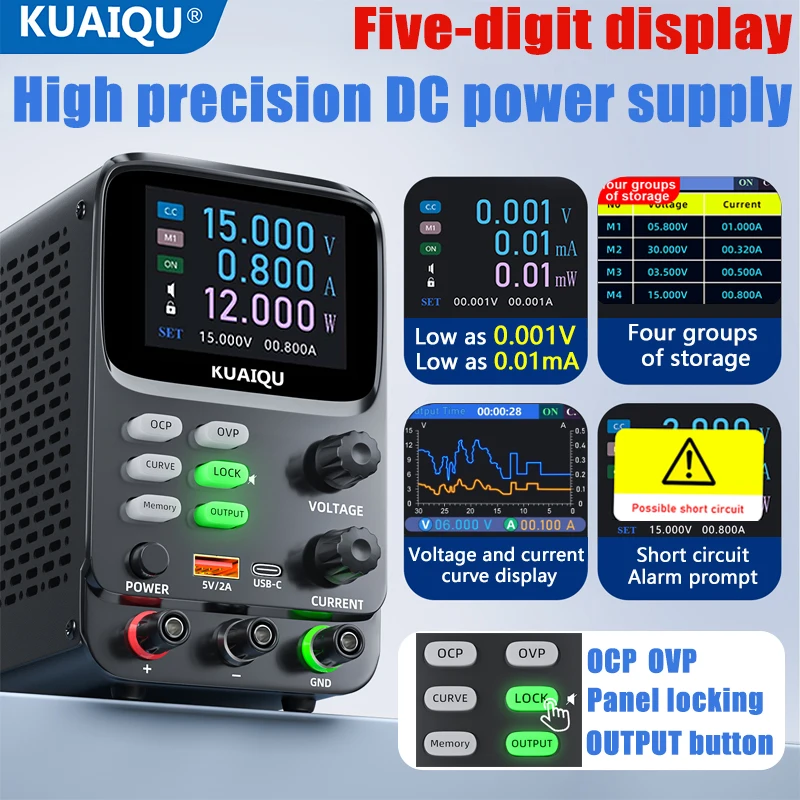KUAIQU 0.001V/0.01mA DC Stabilized Power Supply 30V10A Voltage Current Hyperbola Display Memory storage Short Circuit Alarm Cue