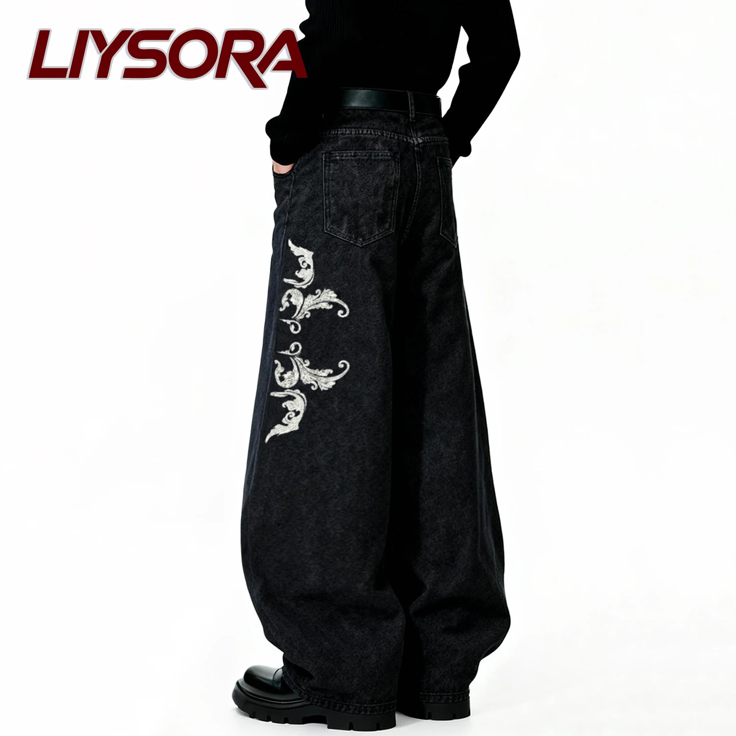 الأمريكية الرجعية الشارع الرجال فضفاض واسعة الساق الجينز أجنحة التطريز زر تصميم الهيب هوب باد بوي فضفاض الدنيم السراويل للجنسين الملابس